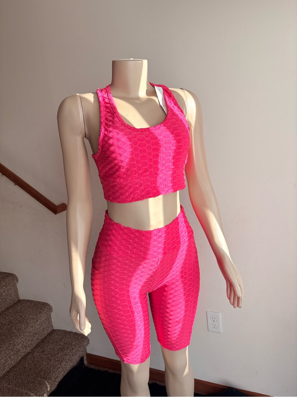 Women’s Textured Crop Tank and Biker Short Set - Hot Pink